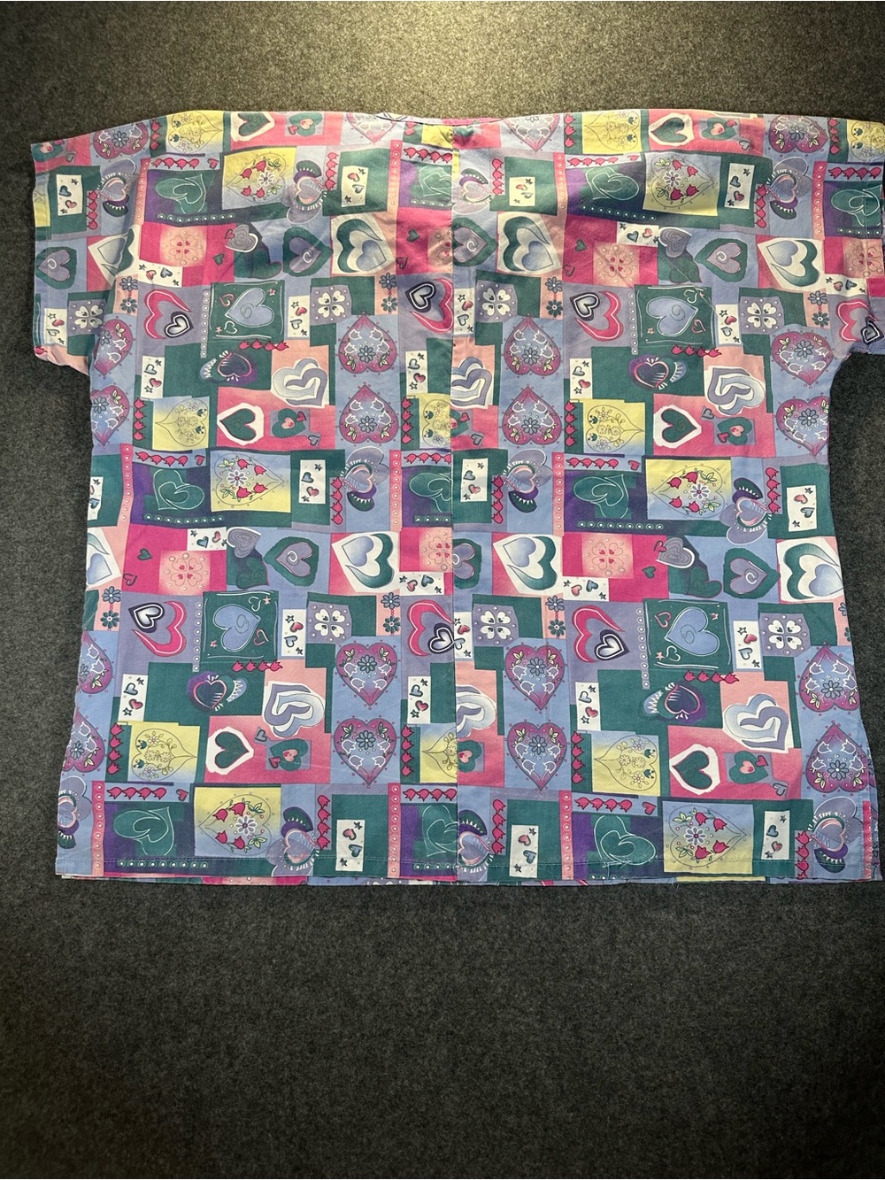 Colorful Heart Patchwork Print scrub top and plain lavender scrub pants